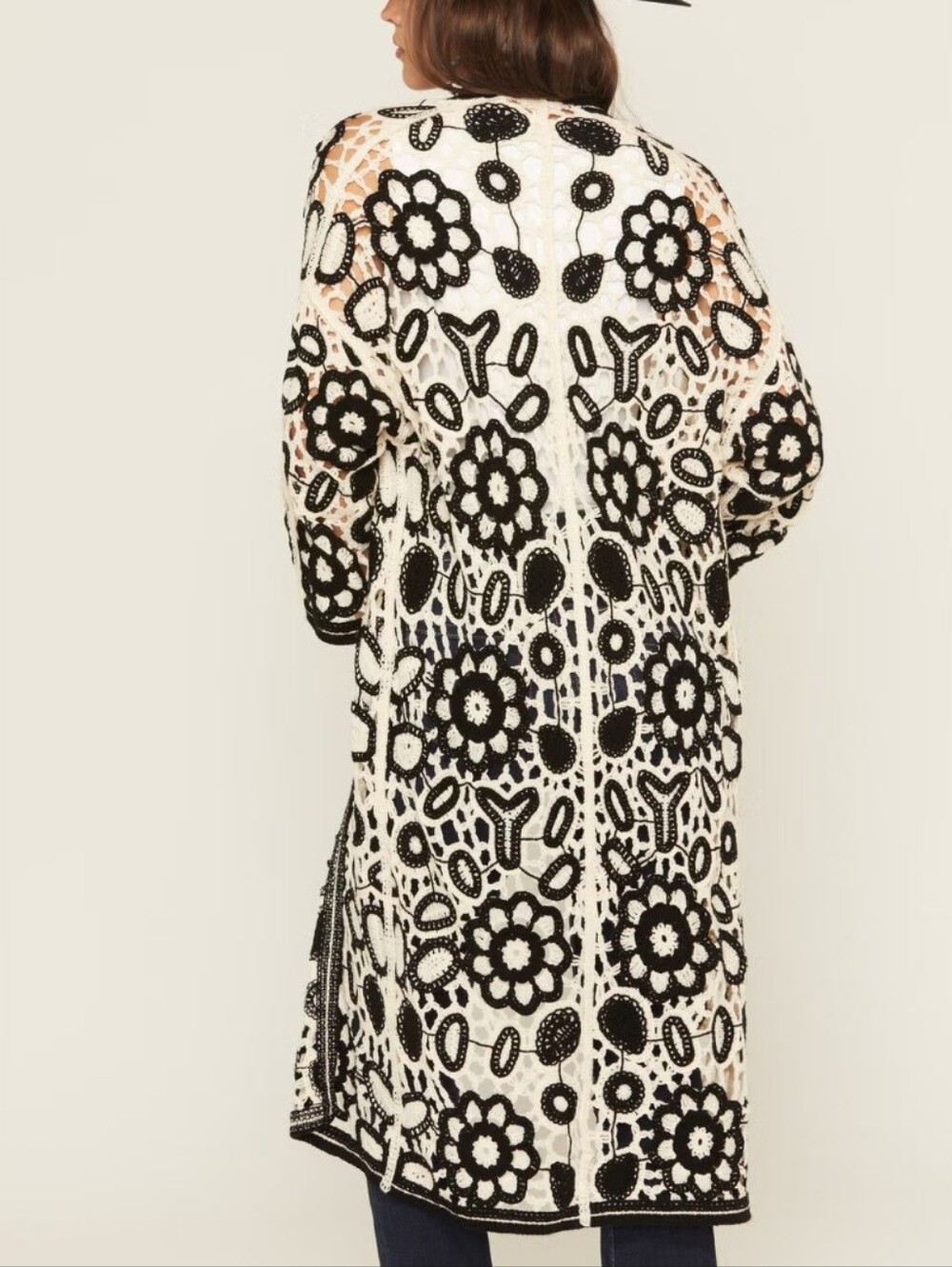 POL Floral Crochet Cardigan Longline Duster Black White One Size